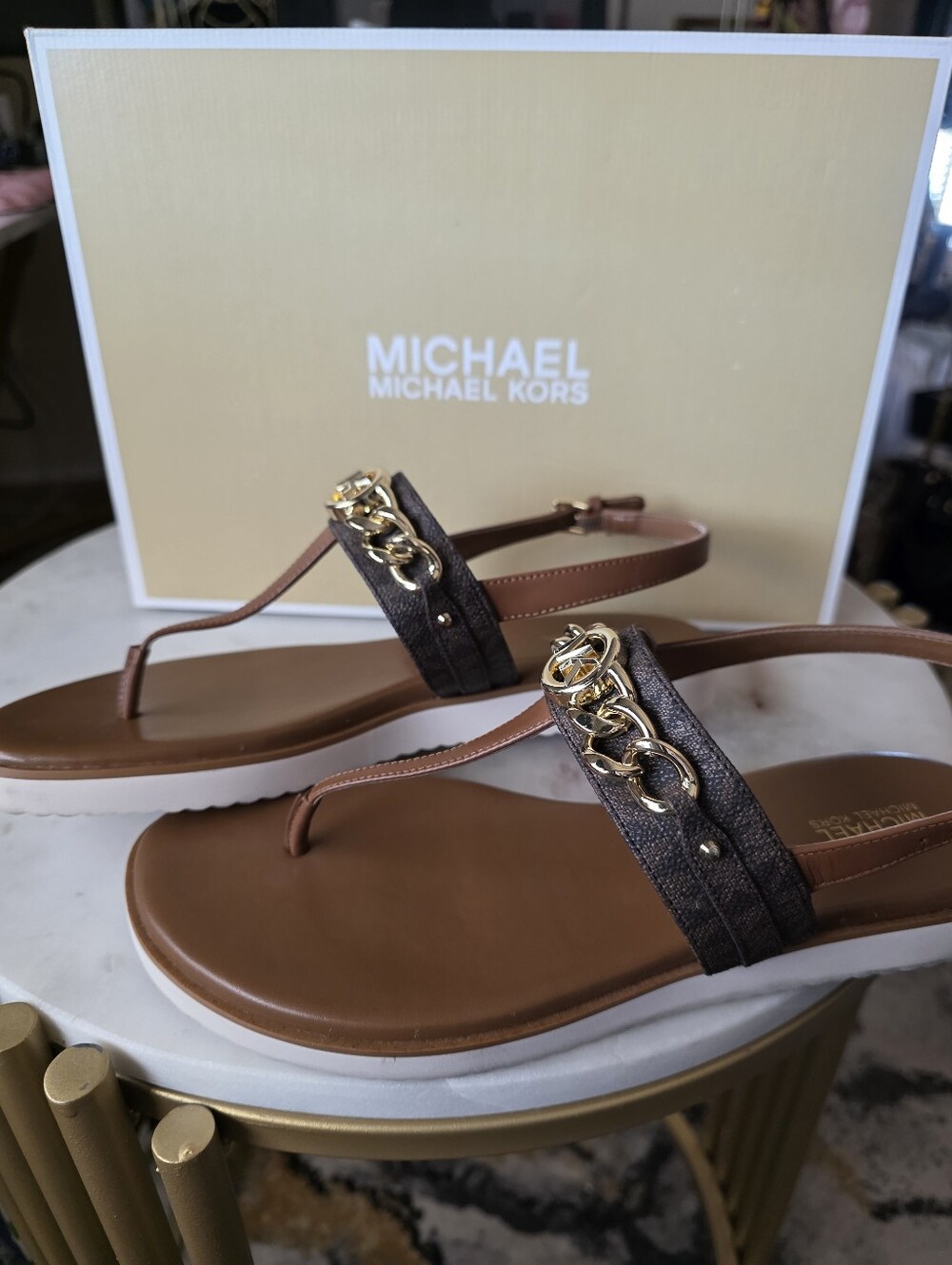 Michael Kors Brown Logo-Print Thong Sandals with Gold MK Accent - Picture 5 of 10